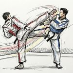 Dynamic sketch of two martial artists in gis; one delivers a high kick while the other blocks, with motion lines emphasizing action