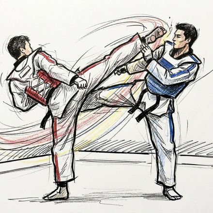 Dynamic sketch of two martial artists in gis; one delivers a high kick while the other blocks, with motion lines emphasizing action