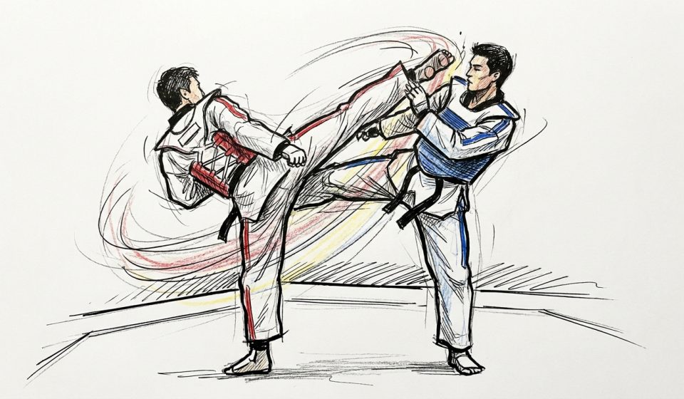 Dynamic sketch of two martial artists in gis; one delivers a high kick while the other blocks, with motion lines emphasizing action