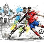 Two soccer players contest the ball near the Vasco da Gama stadium São Januário, with colorful splash background.