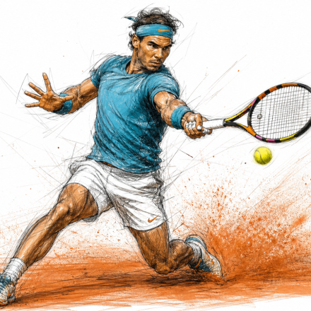 Tennis player in a blue shirt and headband lunges to hit a forehand, with a bright yellow ball and clay dust spraying behind.