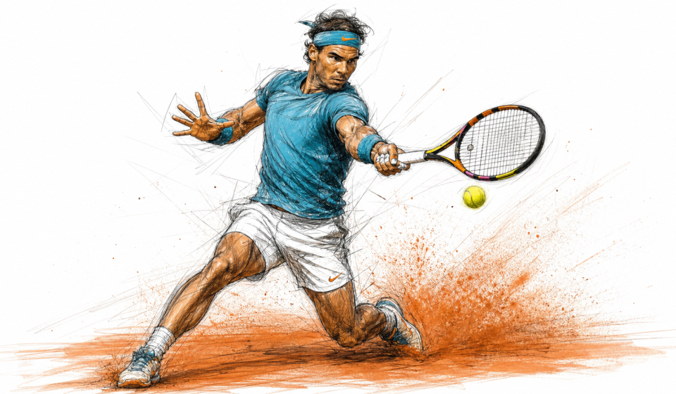 Tennis player in a blue shirt and headband lunges to hit a forehand, with a bright yellow ball and clay dust spraying behind.