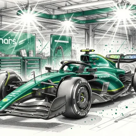 Ilustración editorial Alonso Aston Martin paddock F1