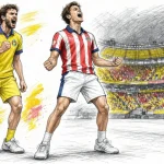 Two soccer players celebrate a goal on a stadium pitch: one in yellow and the other in red-and-white stripes, with a cheering crowd behind them.