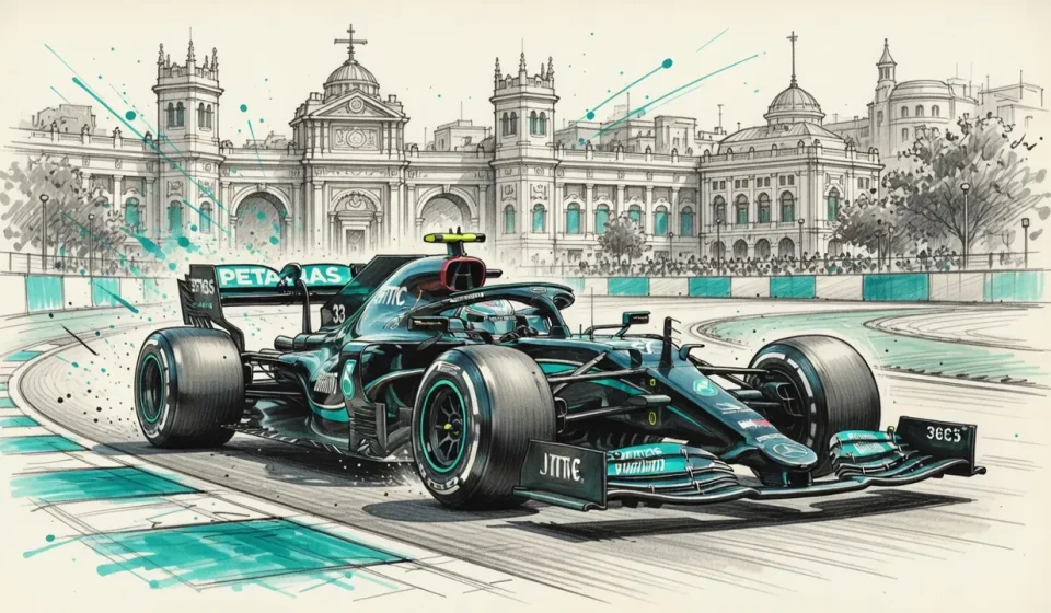 Mercedes Formula 1 car on a race track with turquoise accents, speeding past a grand historic cityscape backdrop.