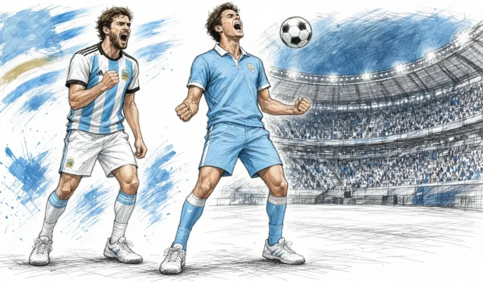 Ilustración editorial Argentina celebrando ante Uruguay en el Bielsa