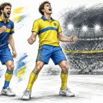 Two soccer players in blue and yellow jerseys celebrate a goal on a packed stadium.
