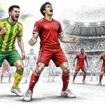 Two soccer players celebrate a goal on a crowded stadium pitch; one in a yellow-green striped kit with a Colombian flag behind, the other in red.