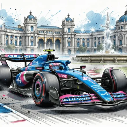 Blue Alpine Formula 1 car speeding around a city track with a grand building and fountain in the background.