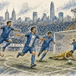 Blue team celebrates a goal just outside the net as yellow defenders and goalkeeper react nearby, with a packed crowd in the stands and a city skyline in the background.