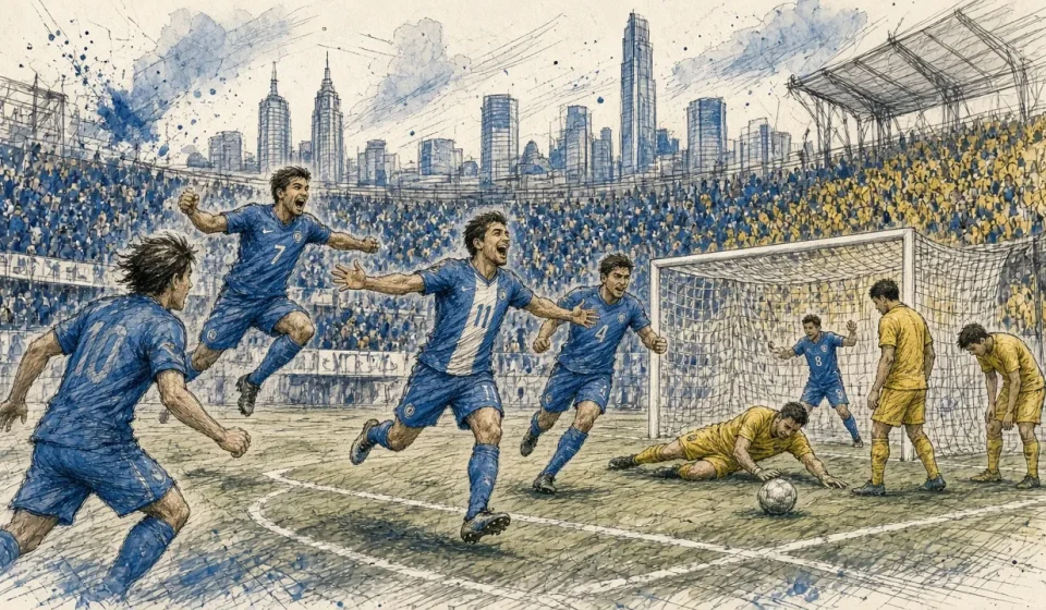 Blue team celebrates a goal just outside the net as yellow defenders and goalkeeper react nearby, with a packed crowd in the stands and a city skyline in the background.