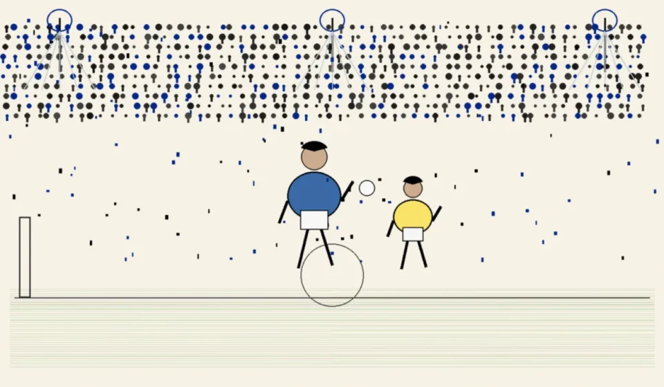 Abstract sports scene: two stick-figure players on a field with a dotted crowd above them.