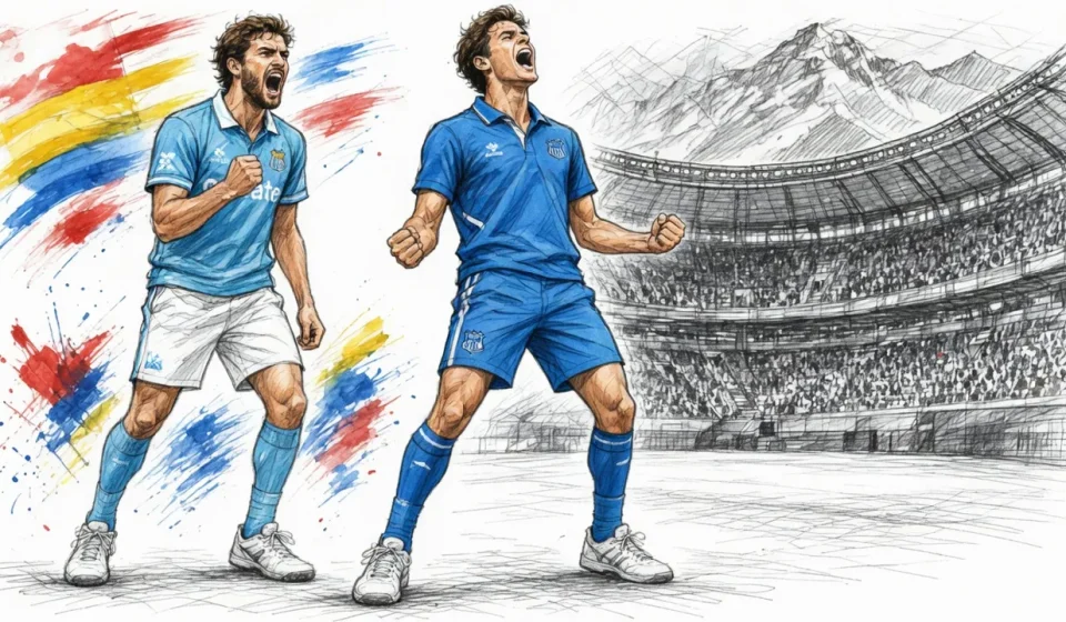 Two football players in blue celebrate a goal on a stadium pitch, one shouting with clenched fists.