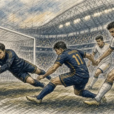 Goalkeeper dives to save a low shot as a blue-team attacker slides in near the goal with white defenders closing in.