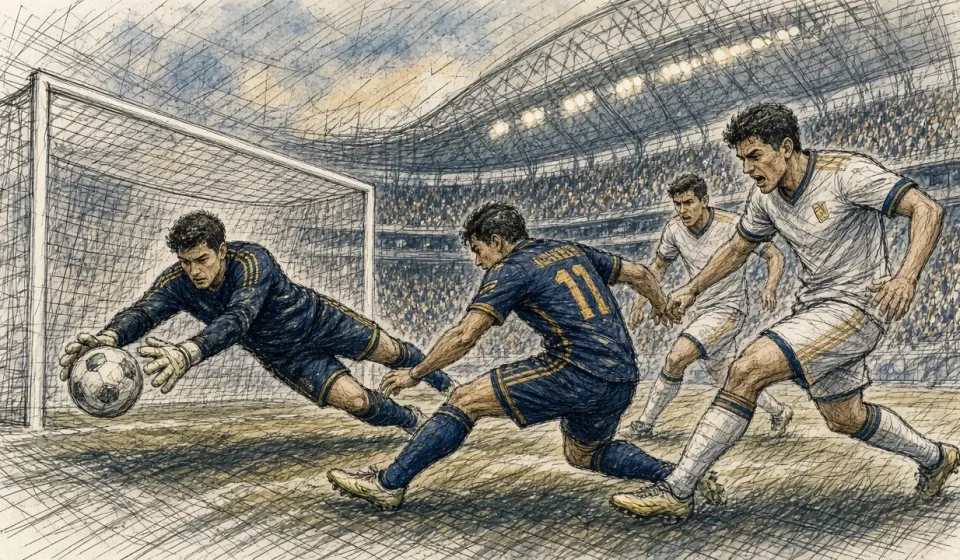 Goalkeeper dives to save a low shot as a blue-team attacker slides in near the goal with white defenders closing in.