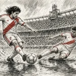 Ink sketch of two soccer players in white kits with a red diagonal sash battling for the ball in a heavy rain, one sliding tackle.