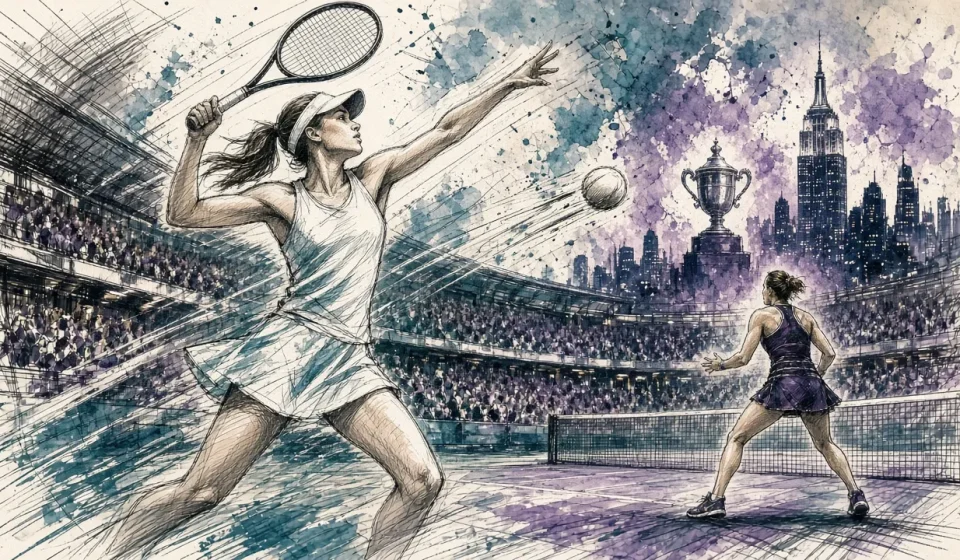 Tennis match with two female players in a crowded stadium, city skyline and a trophy in the background.