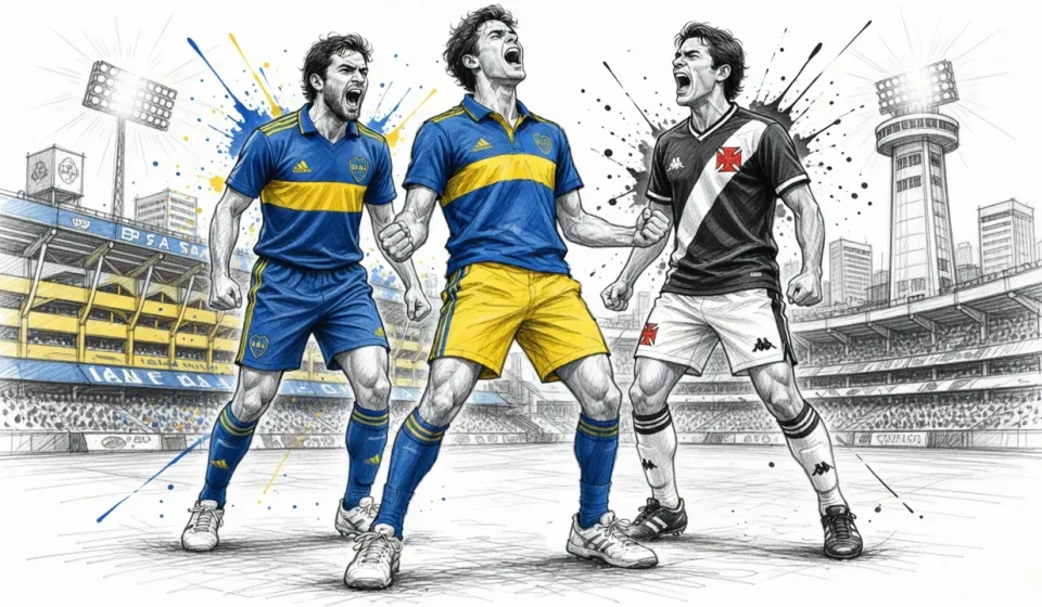 Three soccer players in blue and yellow and a black-and-white kit celebrate passionately on a stadium field.
