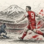Forward in red jersey #9 celebrates a goal as a blue defender slides on the field; packed stadium with a snow-capped mountain in the background.