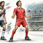 Illustration of two soccer players celebrating a goal: one in red, one in white/gray, with a cheering stadium crowd behind them.