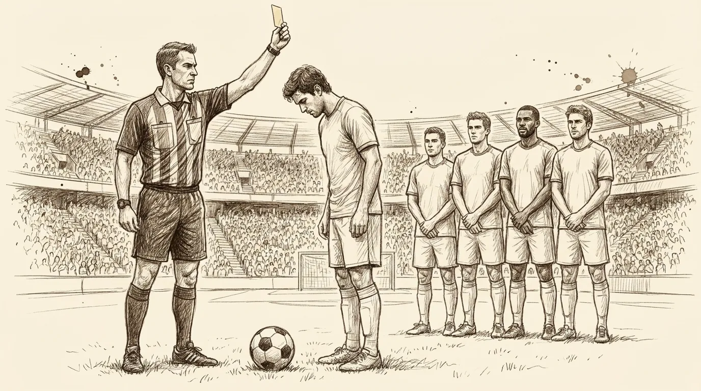 Ilustración a lápiz y tinta de un árbitro de fútbol que muestra una tarjeta a un jugador junto a una barrera de defensores colocada para un tiro libre