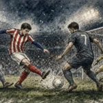 atlético 2-0 manchester united — champions league - arbitrohp.com Soccer player in red-and-white stripes kicks the ball toward the goal while three defenders close in and a goalkeeper guards the net.