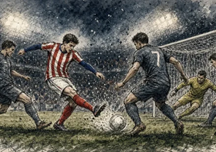Soccer player in red-and-white stripes kicks the ball toward the goal while three defenders close in and a goalkeeper guards the net.