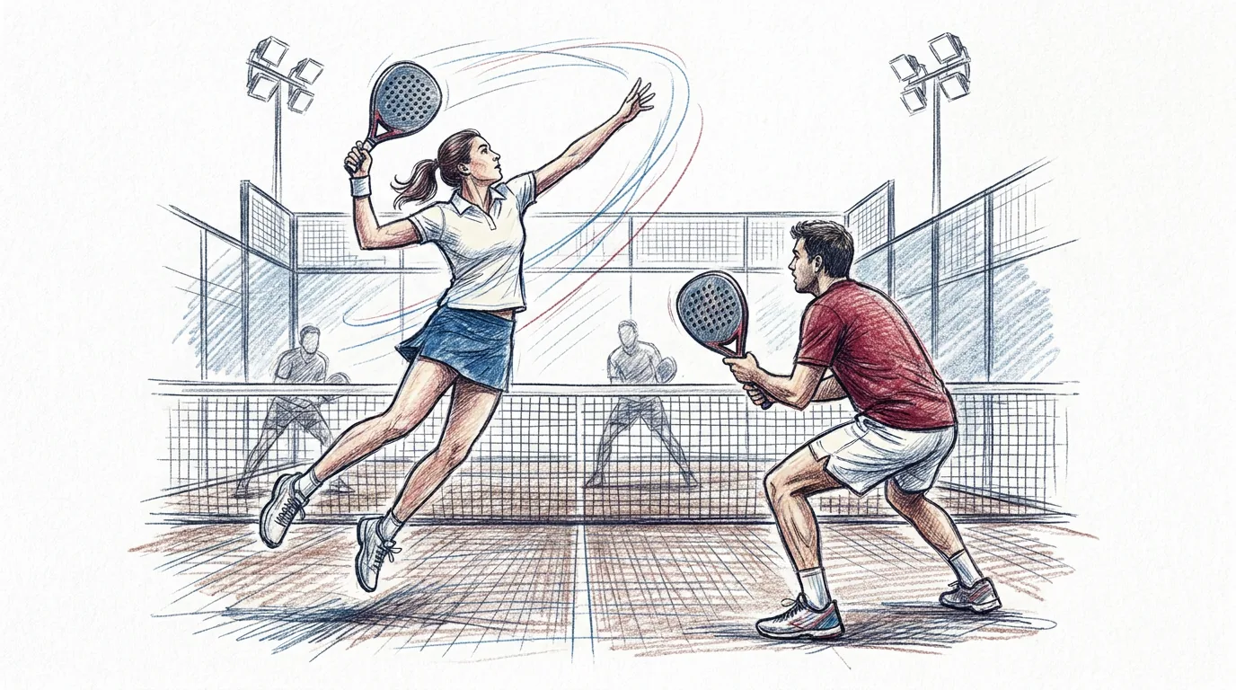 Ilustración a lápiz y tinta de una pareja de pádel en la red: una jugadora golpea una bandeja con la pala por encima del hombro mientras su compañero espera la volea con la pala en alto, y los rivales al otro lado