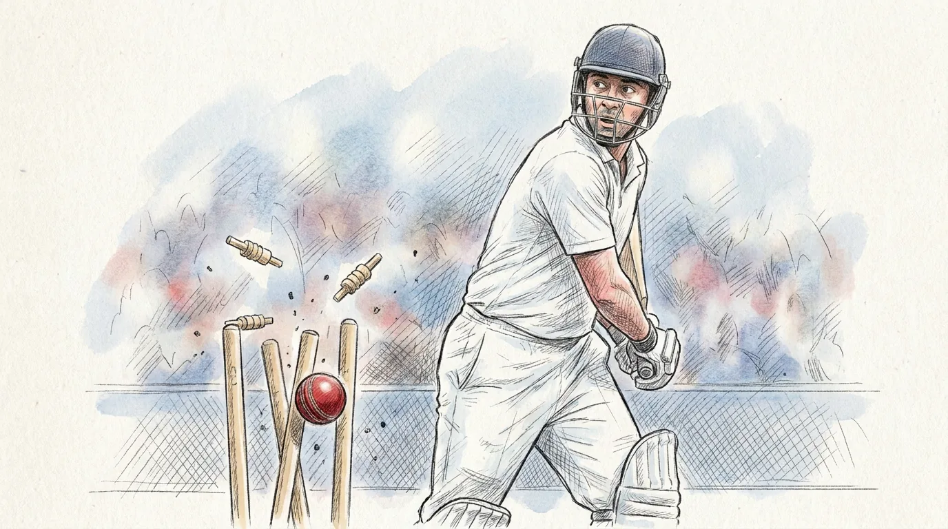 Ilustración a lápiz y tinta de un bateador de críquet con casco y ropa blanca que mira hacia atrás mientras la bola roja derriba los palos del wicket y los travesaños saltan por el aire