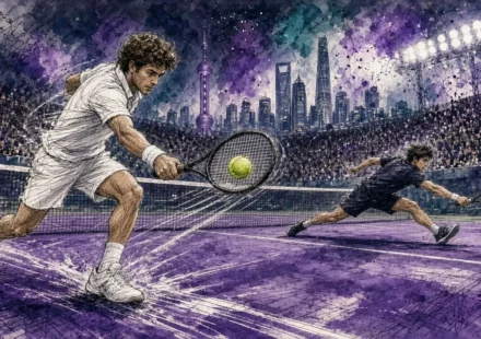 Ilustración editorial: Zizou Bergs sube a la red ante Carlos Alcaraz en el Masters de Shanghái