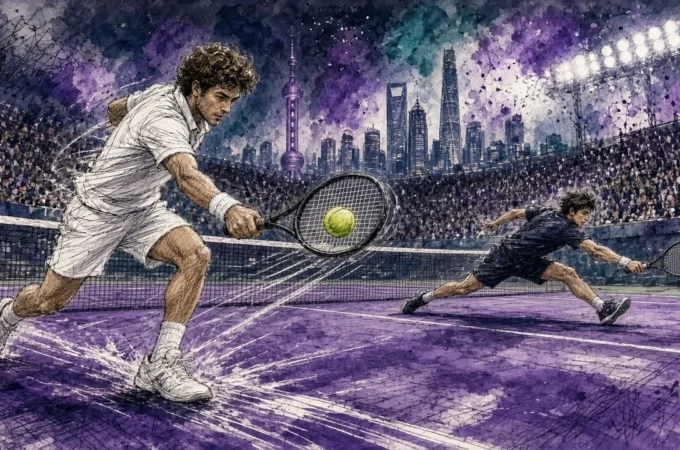 Ilustración editorial: Zizou Bergs sube a la red ante Carlos Alcaraz en el Masters de Shanghái