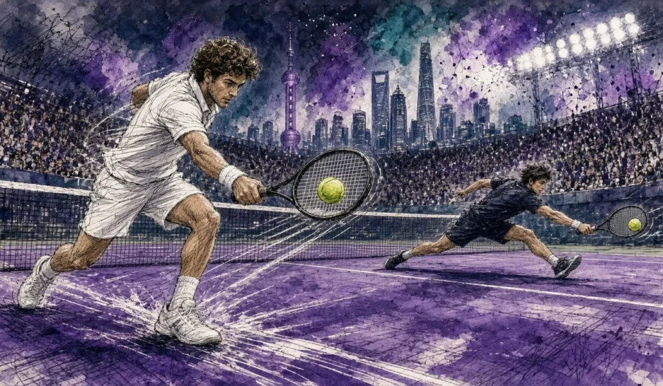 Ilustración editorial: Zizou Bergs sube a la red ante Carlos Alcaraz en el Masters de Shanghái