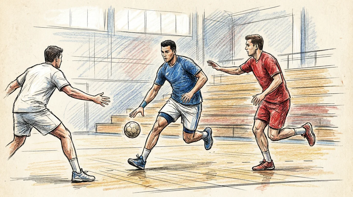 Ilustración a lápiz y tinta de un jugador de balonmano que avanza botando el balón con una mano mientras dos rivales, uno de frente y otro por detrás, intentan cerrarle el paso