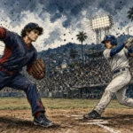 Ilustración editorial: relevista de los Bravos lanza en el Juego 2 de la Serie Divisional ante los Dodgers