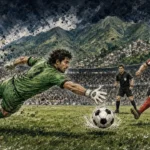 Ilustración editorial: arquero del Bucaramanga ataja un penal ante Junior en el Américo Montanini