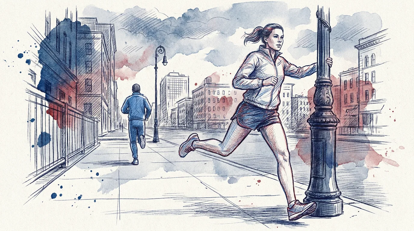 Ilustración a lápiz y tinta de una corredora que calienta con un trote suave por una acera amplia de la ciudad por la mañana y se apoya con una mano en una farola, mientras otro corredor trota tranquilo al fondo entre edificios