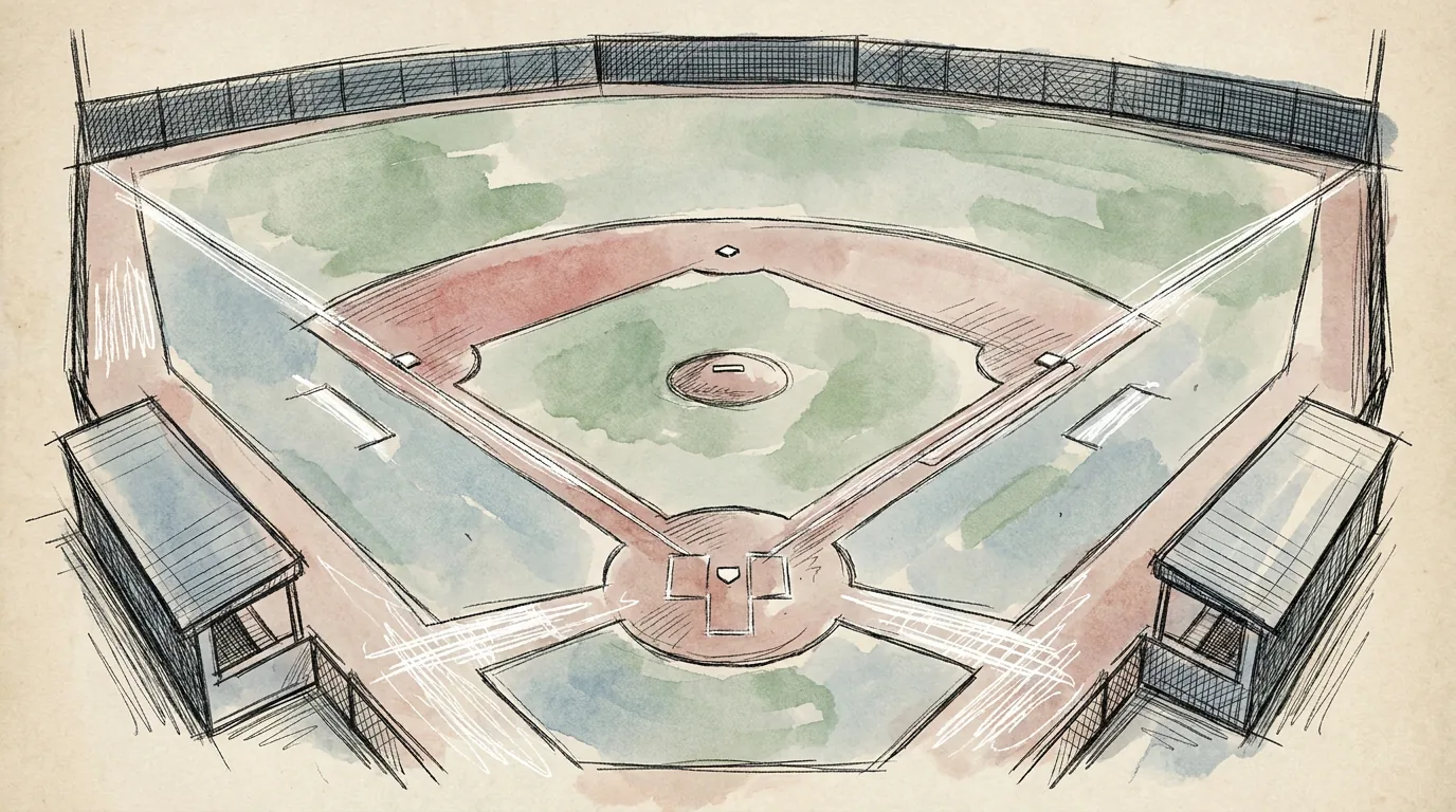 Ilustración a lápiz y tinta de un campo de béisbol vacío visto desde lo alto detrás del plato: el diamante de tierra con las cuatro bases, el montículo del lanzador en el centro, las líneas de foul hacia los jardines, el césped del jardín y los dugouts a ambos lados