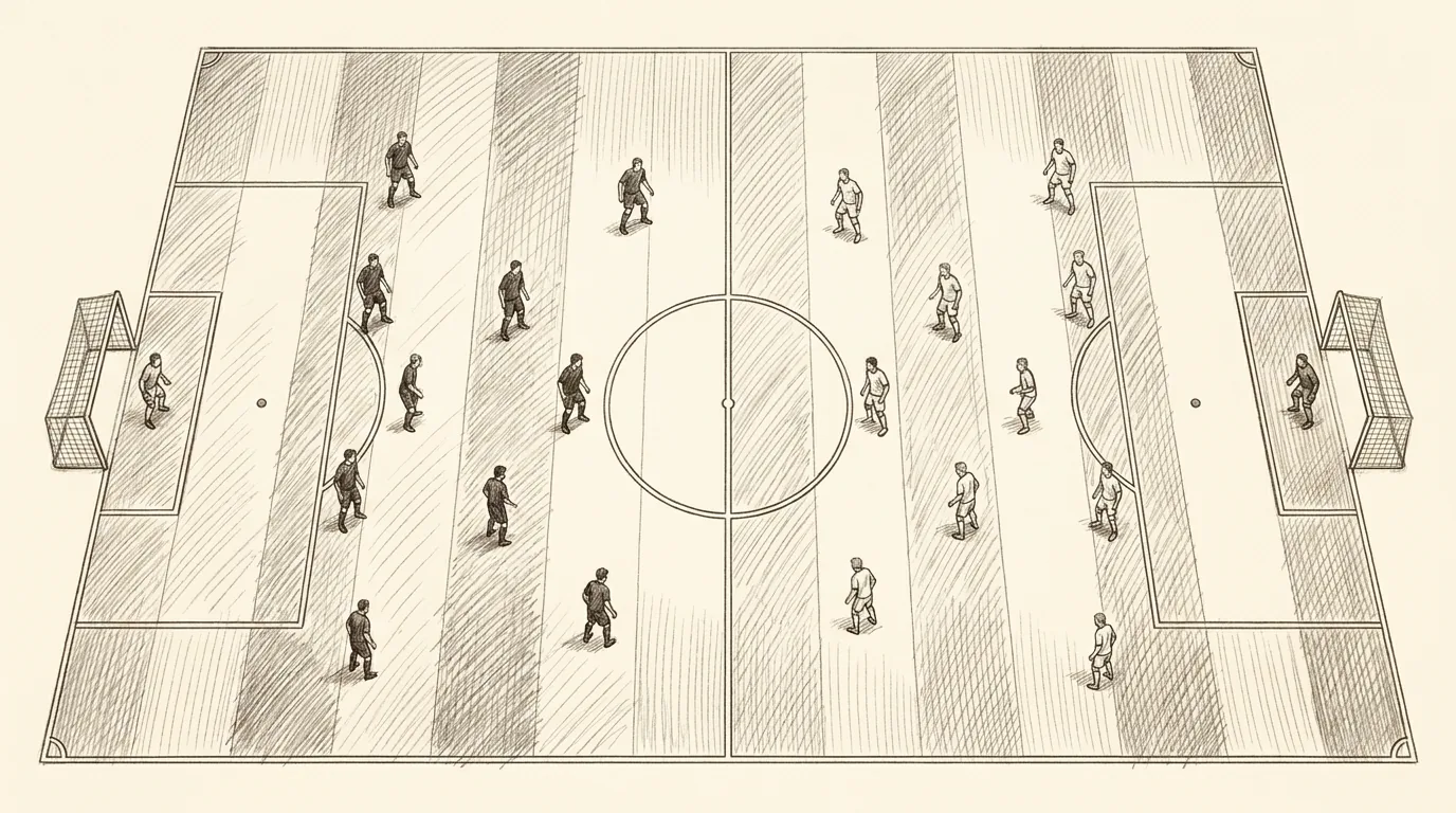 Ilustración a lápiz y tinta de un campo de fútbol visto desde arriba, con el círculo central, las dos áreas, los puntos de penalti y los jugadores de dos equipos colocados en sus posiciones