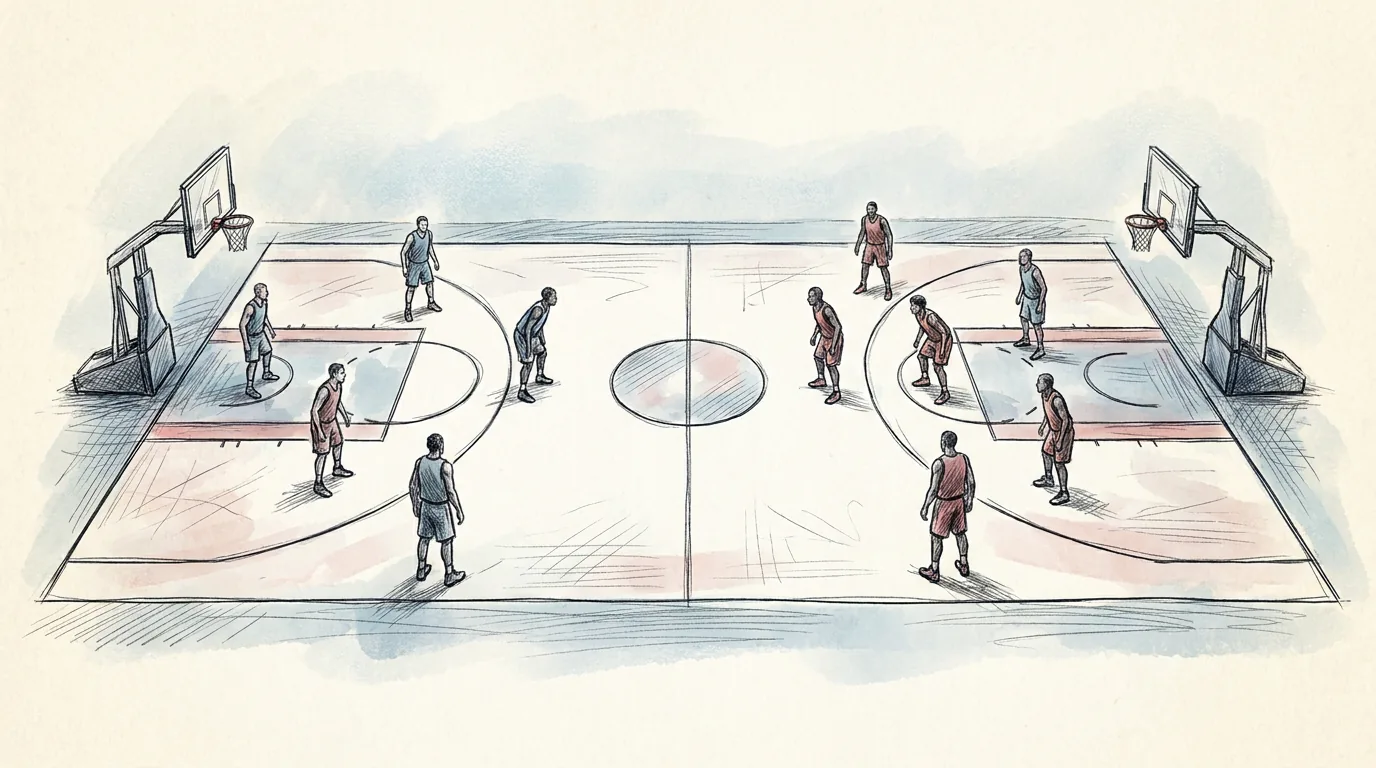 Ilustración a lápiz y tinta de una cancha de baloncesto vista desde arriba, con el círculo central, las líneas de tres puntos, las zonas pintadas bajo cada canasta y cinco jugadores de cada equipo en sus posiciones