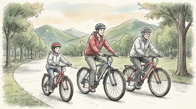 Ilustración a lápiz y tinta de tres ciclistas principiantes de distintas edades, un niño, un joven y un hombre mayor, con casco, que pedalean tranquilos por un camino de un parque con árboles y montañas verdes al fondo