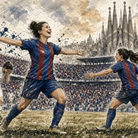 Ilustración editorial: delantera del Barcelona celebra un gol en el Clásico femenino en el Camp Nou