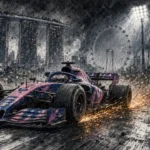 Ilustración editorial: un Alpine en el circuito nocturno de Marina Bay, Singapur