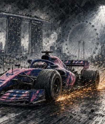 Ilustración editorial: un Alpine en el circuito nocturno de Marina Bay, Singapur