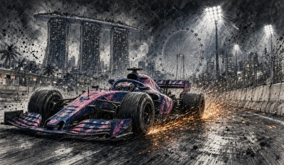 Ilustración editorial: un Alpine en el circuito nocturno de Marina Bay, Singapur