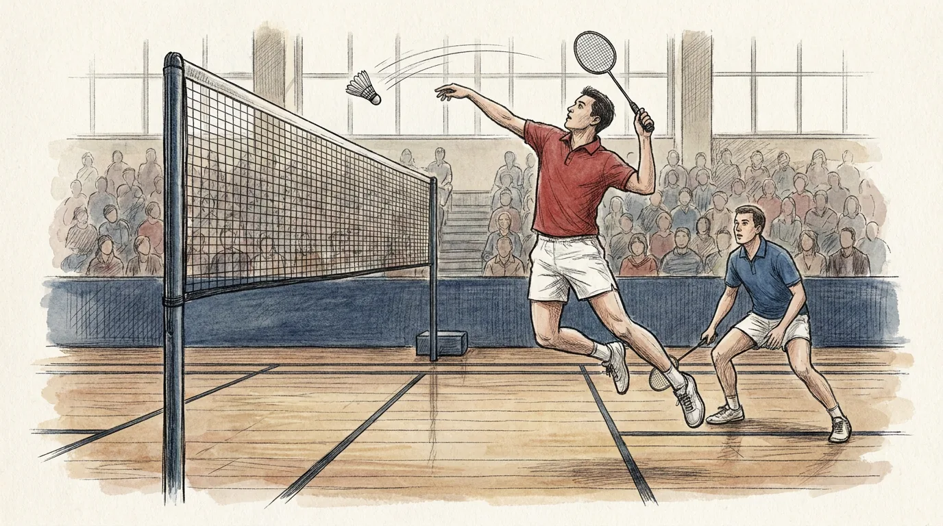 Ilustración a lápiz y tinta de un partido de bádminton en un pabellón: un jugador de camiseta roja salta para rematar el volante junto a la red mientras su rival de azul espera agachado en la pista de madera, con el público al fondo