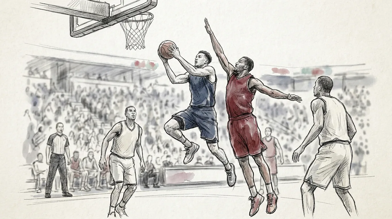 Ilustración a lápiz y tinta de un partido de baloncesto: un jugador salta hacia el aro para hacer una bandeja mientras un defensor levanta el brazo para taponar, con el público y un árbitro al fondo