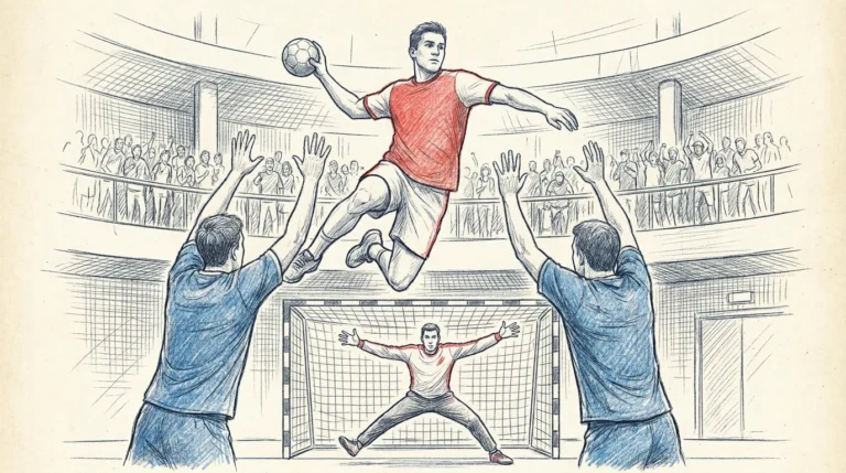 Ilustración a lápiz y tinta de un jugador de balonmano que lanza en suspensión por encima de dos defensores con los brazos levantados mientras el portero se estira en la portería, con el público de un pabellón al fondo