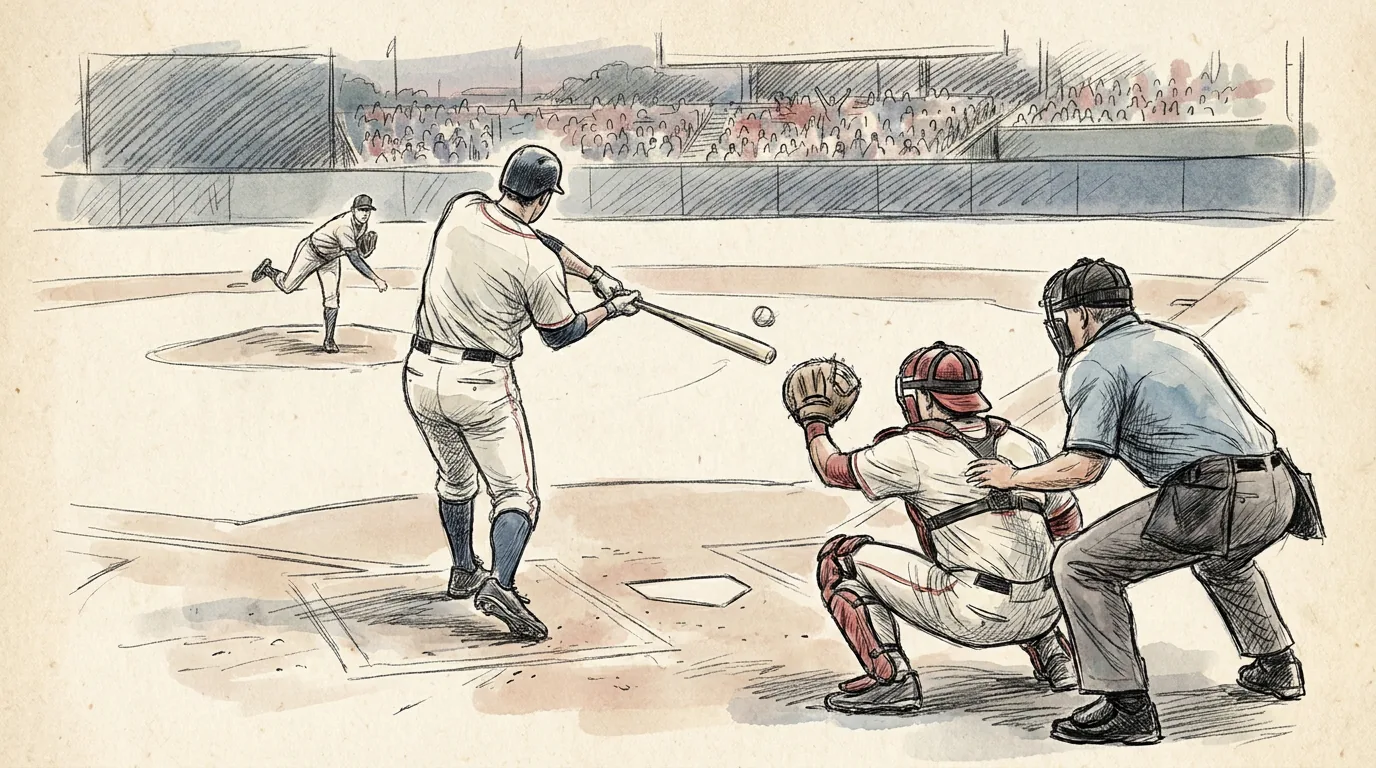 Ilustración a lápiz y tinta de un partido de béisbol en un estadio: el bateador hace su swing en el plato, el receptor agachado levanta la mascota, el árbitro principal observa detrás de él y el lanzador acaba de soltar la pelota desde el montículo al fondo
