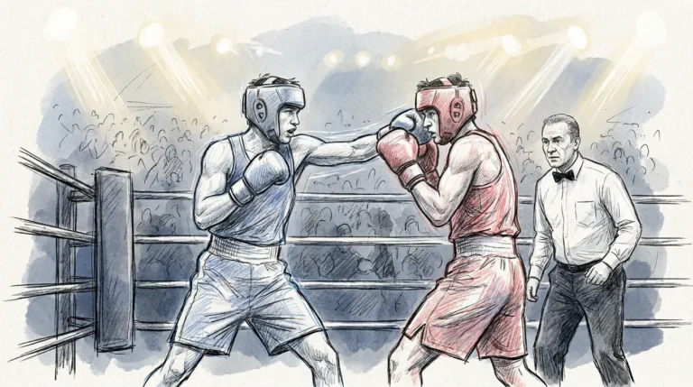 Ilustración a lápiz y tinta de un combate de boxeo amateur en un ring iluminado: dos boxeadores con casco y guantes intercambian golpes mientras el árbitro, con camisa blanca y pajarita, los vigila de cerca, con el público al fondo