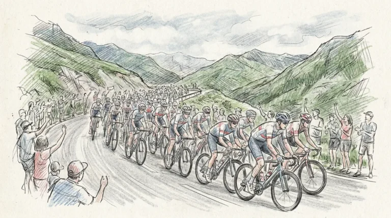 Ilustración a lápiz y tinta de un pelotón de ciclismo de ruta que avanza compacto por una carretera de montaña andina con curvas, con los corredores con maillot de equipo y casco y el público que anima en la cuneta
